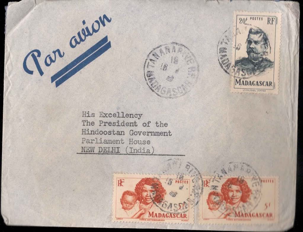 Viceroy Camp PO 26th Aug 1947 - Postal mark Cover Madagascar to President India