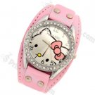 Cute Hello Kitty Pattern Leather Strap Wrist Watch with Rhinestone-Pink