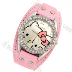 Cute Hello Kitty Pattern Leather Strap Wrist Watch with Rhinestone-Pink