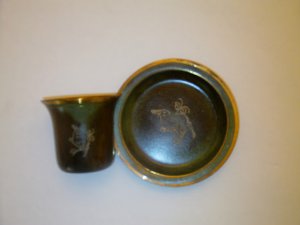 VTG Art Deco ROYAL DANISH BRONZE Cup Saucer Deer patter