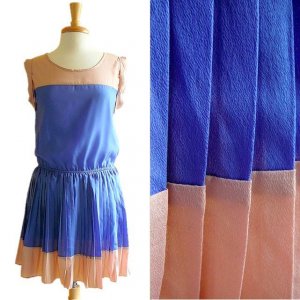 NWT Tan Brown & Sky Blue Colorblock Lightweight Pleated Cheerleader Dress S M