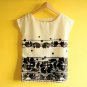 NWOT Ivory & Black Oriental Papercut Hawaiian Flower Print Boxy Blouse Top XS S
