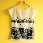 NWOT Ivory & Black Oriental Papercut Hawaiian Flower Print Boxy Blouse Top XS S