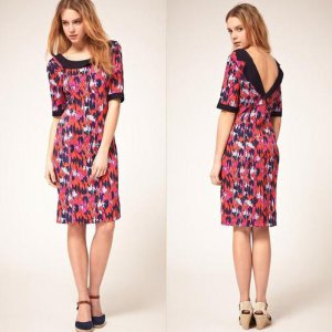 NWT Vero Moda Button V-Back Abstract Navy Neon Pink Jagged Print Dress USD36 M 8
