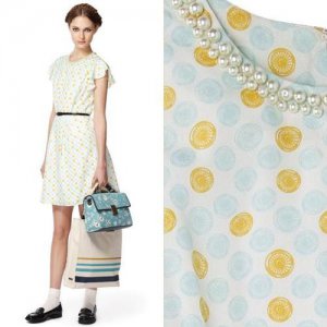 NWT Jason Wu Target Cream Yellow Blue Cycle Print Flutter Dress /w Pearls L 12