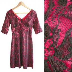 NWT Dainty Cherry Red Satin & Black Floral Lace Dress /w 3/4 Sleeves XXS XS 0