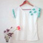 NWOT White Tee T-Shirt Mint Green Polka Dots Candy Bows Pleated Sleeve Trim S M