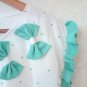 NWOT White Tee T-Shirt Mint Green Polka Dots Candy Bows Pleated Sleeve Trim S M