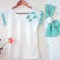 NWOT White Tee T-Shirt Mint Green Polka Dots Candy Bows Pleated Sleeve Trim S M