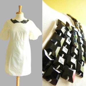 NWT White Balloon Sleeved Sheath Dress /w Black Faux Jewel Embellished Neck S
