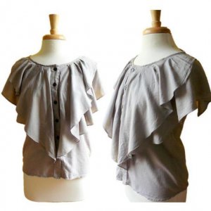 Pretty Dove Gray Flutter Ruffle Bib Button Front Working Girl Blouse Top M 8 10