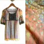 Painterly Gold Orange Blue Purple Chiffon Tunic Blouse Top Black Lace Trim XS 2