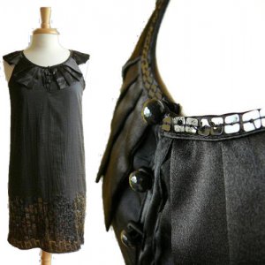 NWOT Bysi Black Sequin Border Pleated Collar Mod Satin Straight Shift Dress S M