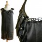 NWOT Bysi Black Sequin Border Pleated Collar Mod Satin Straight Shift Dress S M