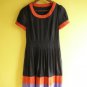 Black Orange Purple Colorblock Scoopneck Puff-Sleeved Pleated Day Dress XXS XS