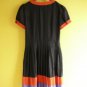 Black Orange Purple Colorblock Scoopneck Puff-Sleeved Pleated Day Dress XXS XS