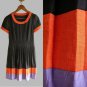 Black Orange Purple Colorblock Scoopneck Puff-Sleeved Pleated Day Dress XXS XS