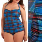 Modcloth Halter Swimsuit Esther Williams Blue Red Plaid One Piece $90 NWT XL 18