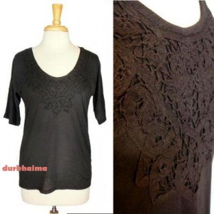 J.Crew Black Tee Handmade Lace Necklace 3/4 Sleeve Classic Knit Top NWT USD45 XS