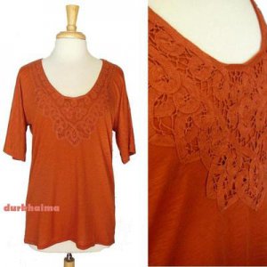 J.Crew Copper Brown Tee Handmade Lace Necklace 3/4 Sleeve Knit Top NWT USD45 M