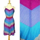 Vintage 70s Knit Dress Blue Purple Pink Gray Teal Chevron Stripes Sundress S M