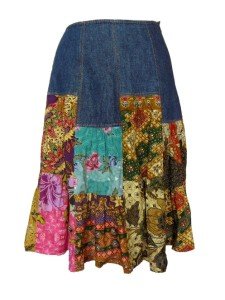 Denim Patchwork Skirt Batik Print Pieces Peasant Bohemian Ethnic ...