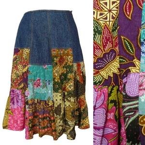 Denim Patchwork Skirt Batik Print Pieces Peasant Bohemian Ethnic ...