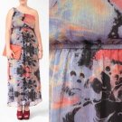 Forever 21+ Maxi Dress Abstract Swirls Blue Coral Black Chiffon One Shoulder L