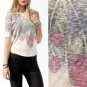 Forever 21 Feather Neckline Top Beige Taupe Faded Colorful Print Slub Knit L