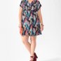 Forever 21+ Dress Navy Blue Colorful Feather Print Collar Faux Wrap Belt NWT L