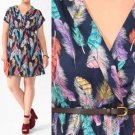 Forever 21+ Dress Navy Blue Colorful Feather Print Collar Faux Wrap Belt NWT L