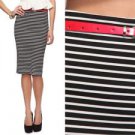 Forever 21 Black White Striped Knit Midi Pencil Skirt Red Skinny Belt NWT XS S