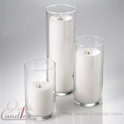 3 Piece Set White Pillar Candle in Cylinder Vases Accented with Rhinestones