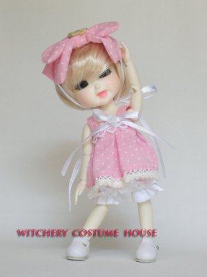 Pukifee-Lati yellow outfit in set pink with white dot and white boommer