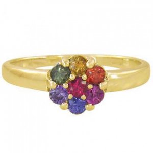 Rainbow Sapphire Flower Cluster Ring 14K Yellow Gold (1ct tw) SKU: 1582-14K-YG