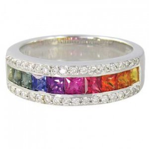 Rainbow Sapphire & Diamond Channel Set Ring 18K White Gold (2.3ct tw) SKU: 1533-18K-WG