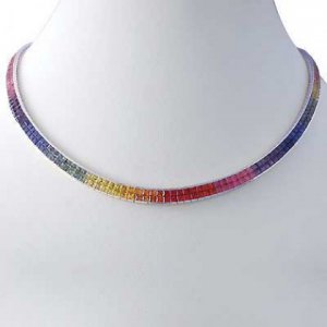 Rainbow Sapphire Invisible Set Double Row Tennis Necklace 14K WG (43ct tw) SKU: 415-14K-WG