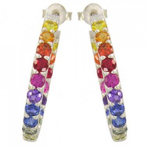 Rainbow Sapphire Earrings Inside Outside 1 Inch Hoop Huggie 18K WG (4ct tw) SKU: 1518-18K-WG