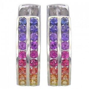 Rainbow Sapphire Earrings Double Row Huggie 925 Sterling Silver (5ct tw) SKU: 437-925