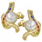 Rainbow Sapphire & Pearl Classic Earrings 14K Yellow Gold (1/2ct tw) SKU: 1605-14K-YG