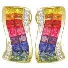 Rainbow Sapphire & Diamond Double Row Invisible Set Earrings 14K YG (4.13ct tw) SKU: 426-14K-YG