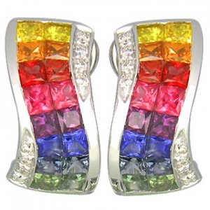 Rainbow Sapphire & Diamond Double Row Invisible Set Earrings 14K WG (4.13ct tw) SKU: 426-14K-WG