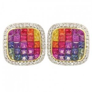 Rainbow Sapphire & Diamond Invisible Set Earrings 14K Yellow Gold (4.5ct tw) SKU: 430-14K-YG