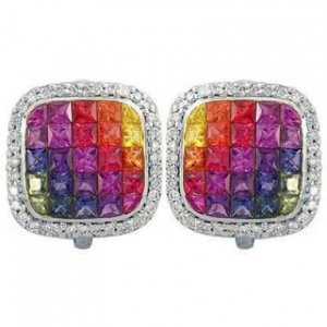 Rainbow Sapphire & Diamond Invisible Set Earrings 14K White Gold (4.5ct tw) SKU: 430-14K-WG