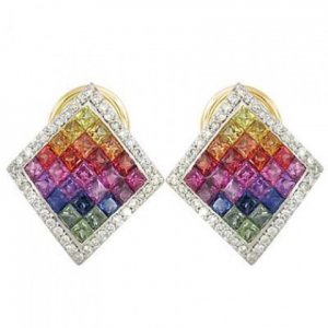 Rainbow Sapphire & Diamond Invisible Set Earrings 14K Yellow Gold (5.5ct tw) SKU: 428-14K-YG
