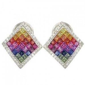 Rainbow Sapphire & Diamond Invisible Set Earrings 14K White Gold (5.5ct tw) SKU: 428-14K-WG