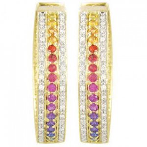 Rainbow Sapphire & Diamond Triple Row Earrings 18K Yellow Gold (4.42ct tw) SKU: 1495-18K-YG