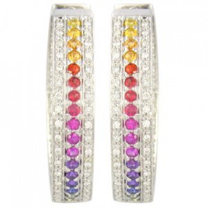 Rainbow Sapphire & Diamond Triple Row Earrings 18K White Gold (4.42ct tw) SKU: 1495-18K-WG