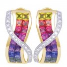 Multicolor Rainbow Sapphire & Diamond Designer Invisible Set Earrings 14K Yellow Gold (6.33ct tw)