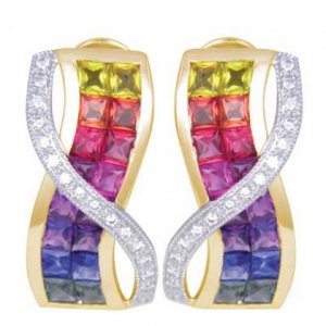 Multicolor Rainbow Sapphire & Diamond Designer Invisible Set Earrings 14K Yellow Gold (6.33ct tw)